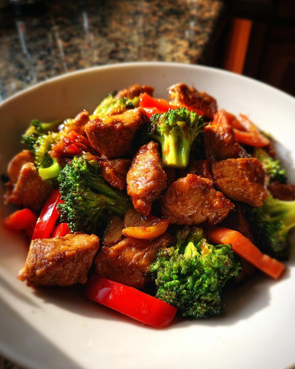 Close-up of a savory chicken and broccoli stir-fry with red peppers, part of the What To Eat This Week 10 1 menu.