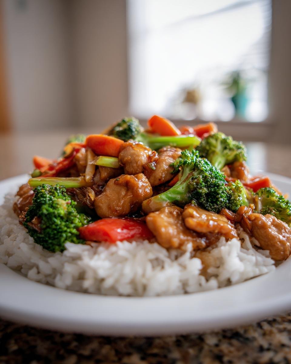 Close-up of sticky chicken and broccoli stir-fry served over white rice, part of What To Eat This Week 10 15.
