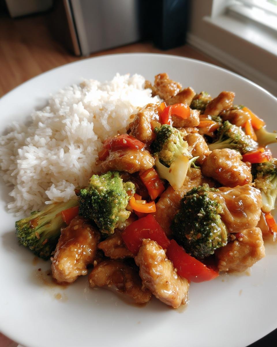 A plate of sweet and sour chicken stir fry with broccoli and peppers served next to white rice, perfect for What To Eat This Week 10 15.