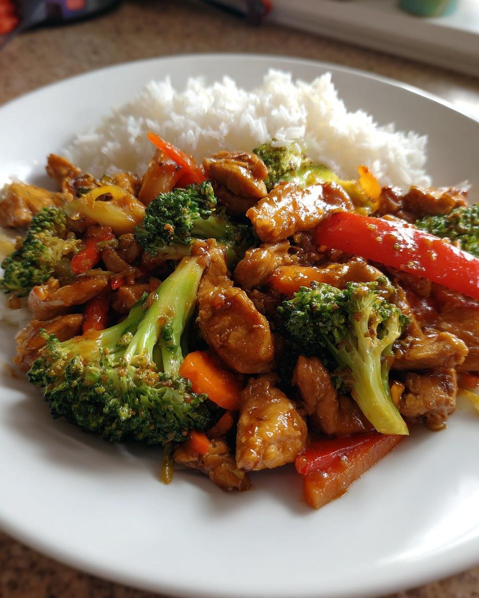 Plate of chicken and broccoli stir-fry with carrots and peppers served over white rice, a great option for What To Eat This Week 10 15.