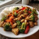 Plate of sesame chicken and broccoli stir-fry served with white rice, a great option for What To Eat This Week 10 8.