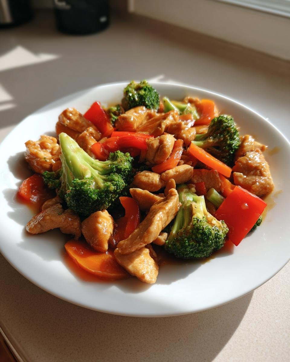 A plate of chicken and vegetable stir-fry with broccoli, red peppers, and carrots, part of What To Eat This Week 10 8.