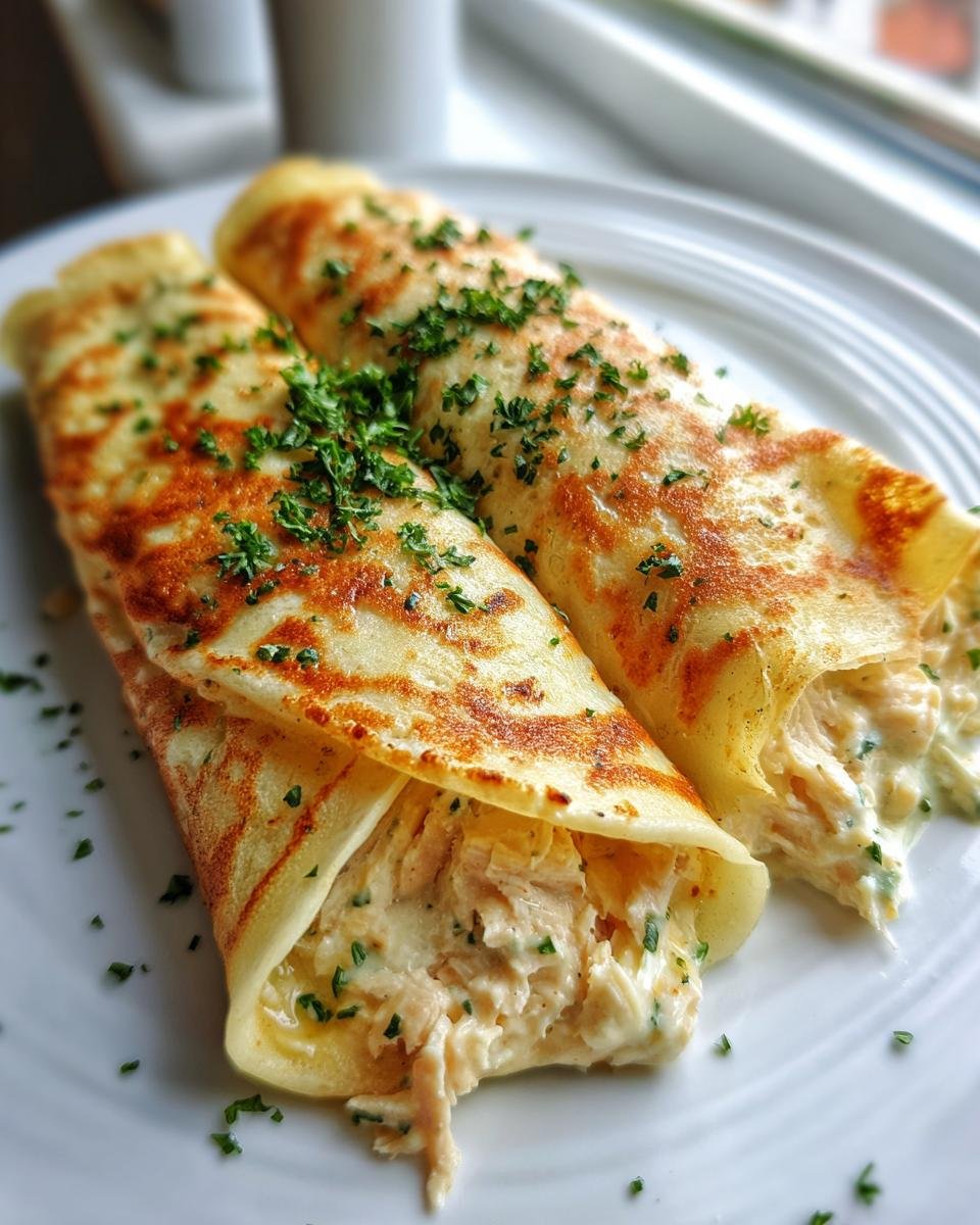 Two rolled savory Chicken Crepes Recipe filled with creamy chicken mixture and topped with fresh parsley.