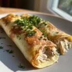 Two savory, rolled Chicken Crepes Recipe halves filled with creamy shredded chicken and topped with fresh parsley.