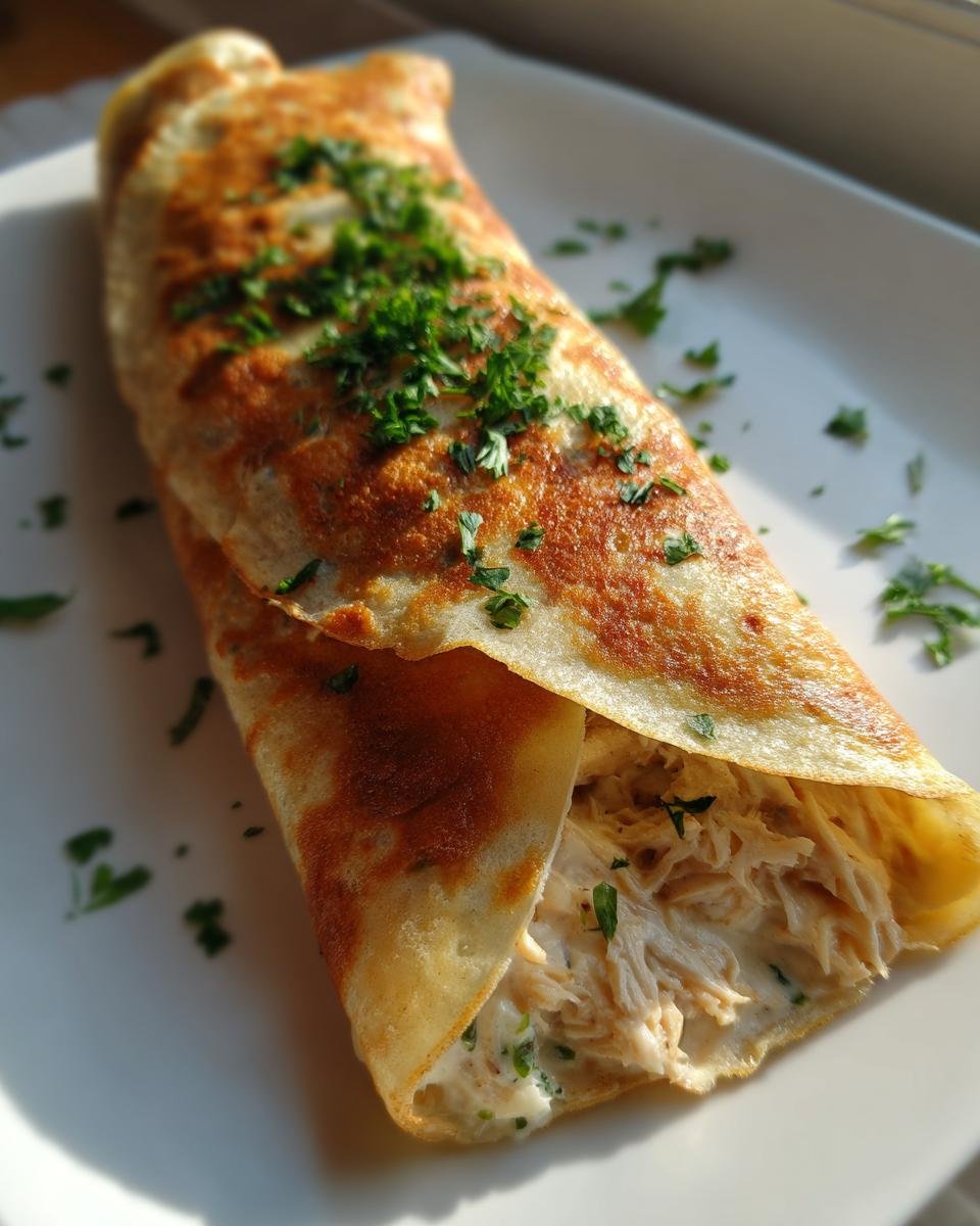 Close-up of a savory Chicken Crepes Recipe, rolled and filled with shredded chicken in a creamy sauce, topped with fresh parsley.