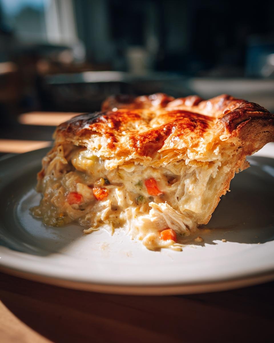 A close-up of a rich slice of Chicken Pot Pie Recipe With Cream Of Chicken Soup showing flaky crust and creamy filling.