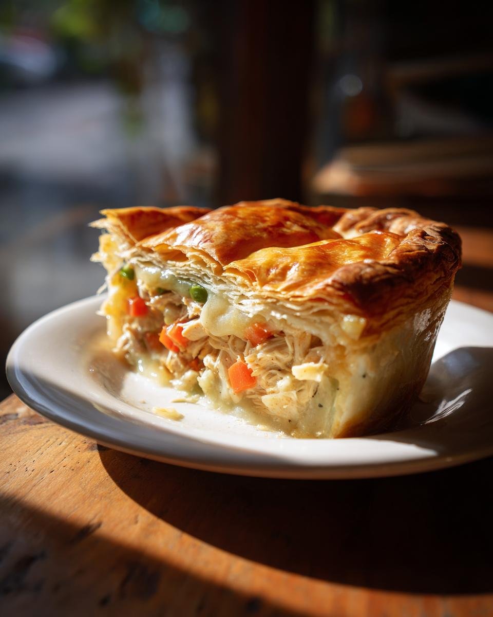 A golden, flaky slice of Chicken Pot Pie Recipe With Cream Of Chicken Soup showing chicken, carrots, and peas in a creamy sauce.