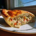 A close-up of a slice of Chicken Pot Pie Recipe With Cream Of Chicken Soup showing flaky crust and creamy chicken filling.