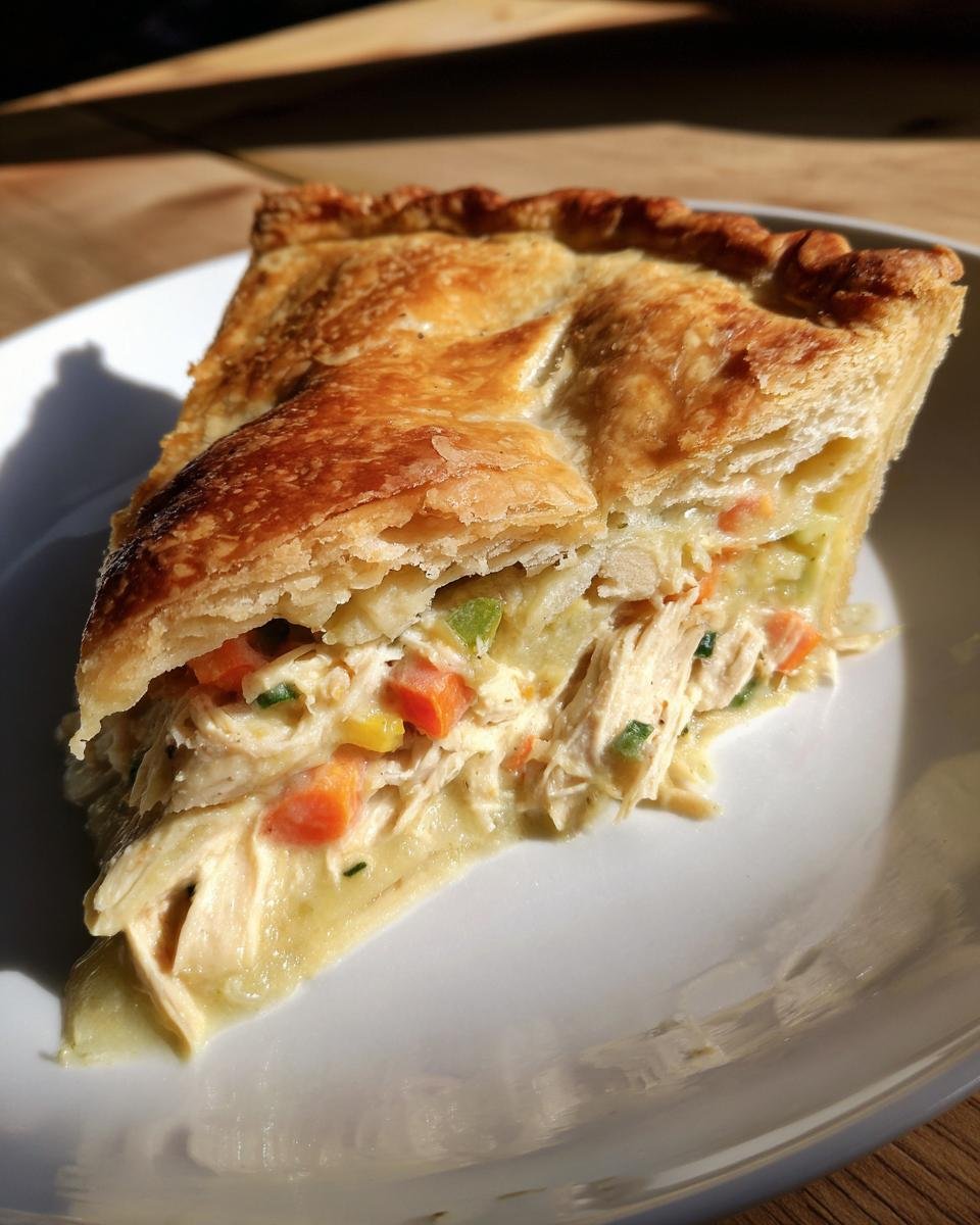 A close-up slice of flaky Chicken Pot Pie Recipe With Cream Of Chicken Soup showing shredded chicken and vegetables.