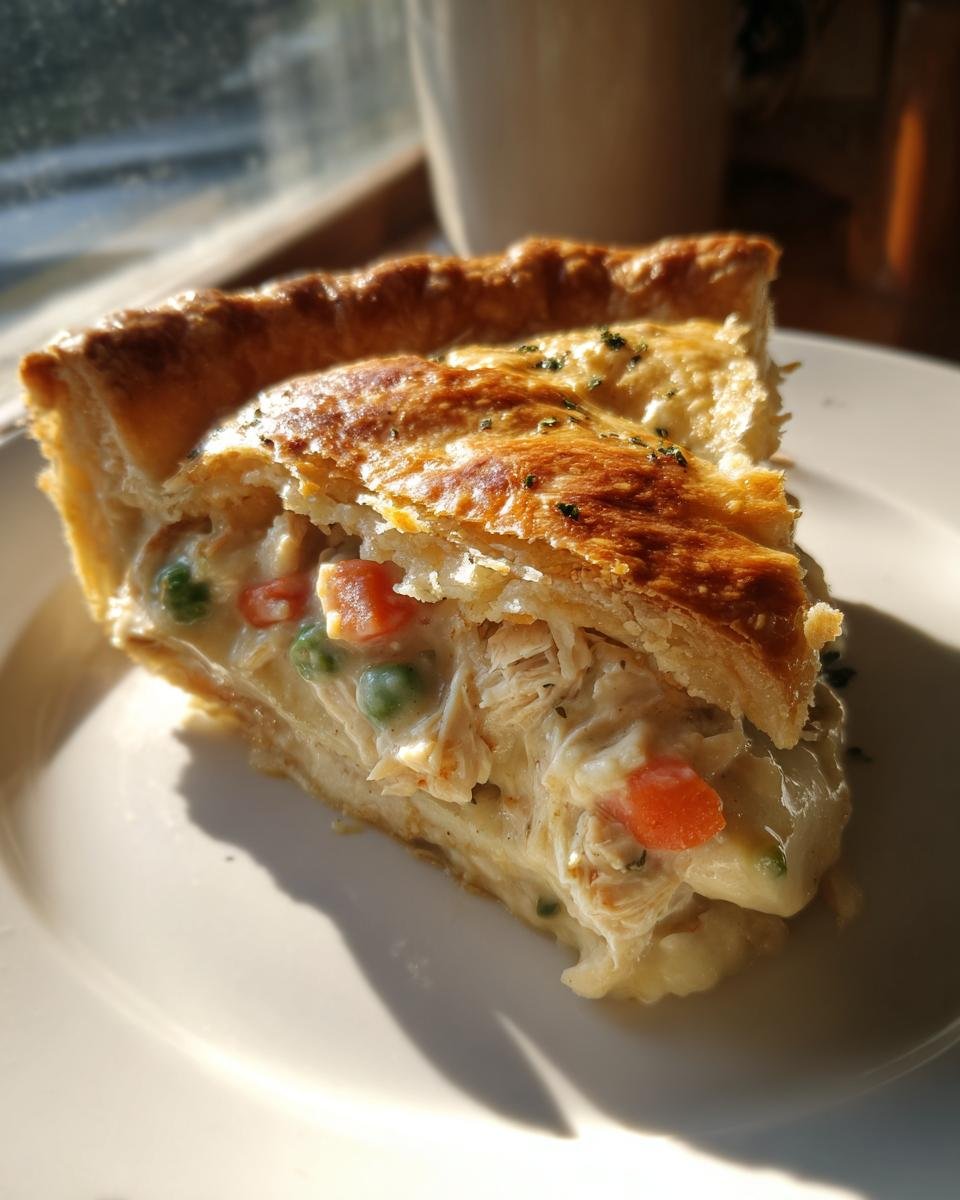 A golden slice of Chicken Pot Pie Recipe With Cream Of Chicken Soup showing creamy filling, chicken, peas, and carrots.