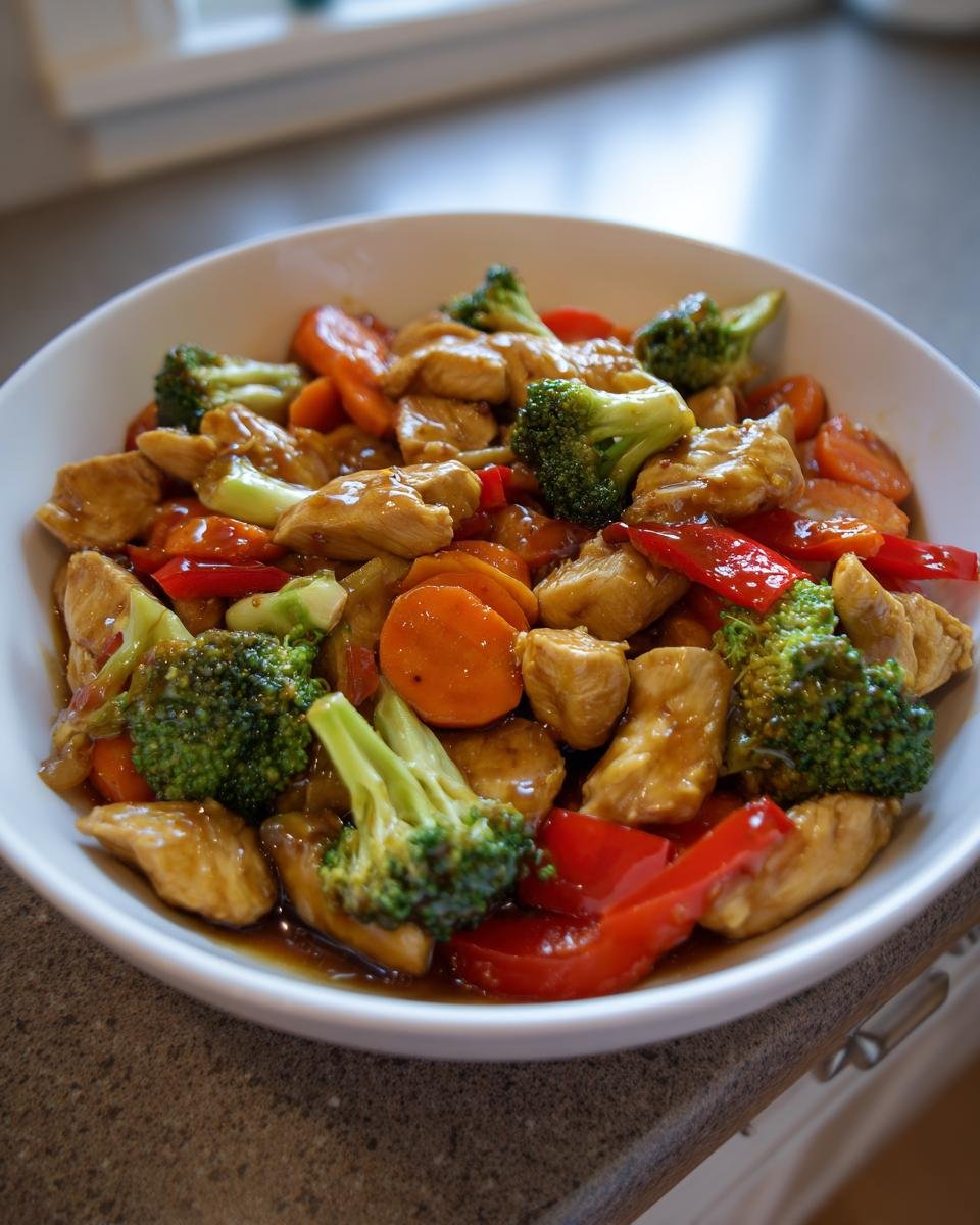 A white bowl filled with chicken stir-fry featuring broccoli, carrots, and red peppers, part of What To Eat This Week 10 8.