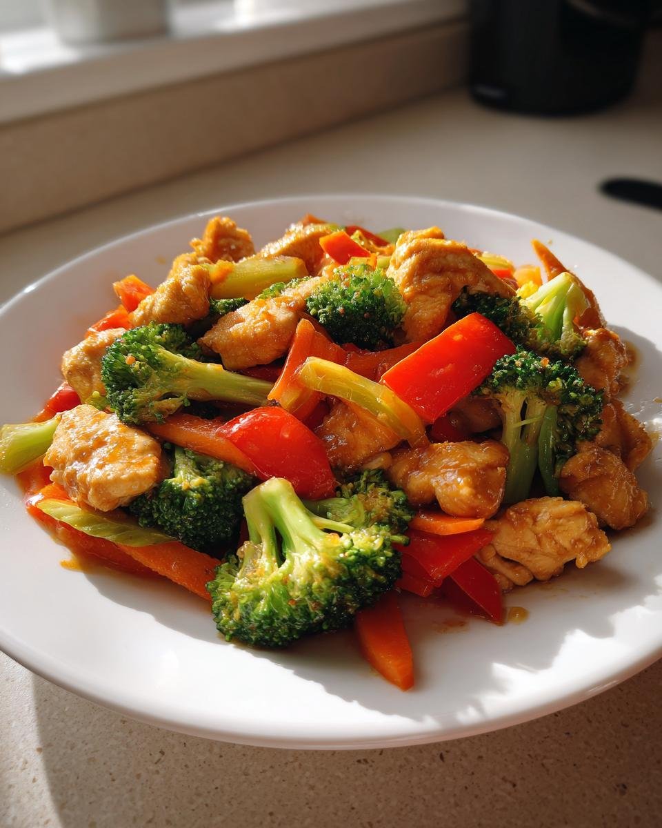A plate of colorful chicken and vegetable stir-fry featuring broccoli, red peppers, and carrots, part of What To Eat This Week 10 8.