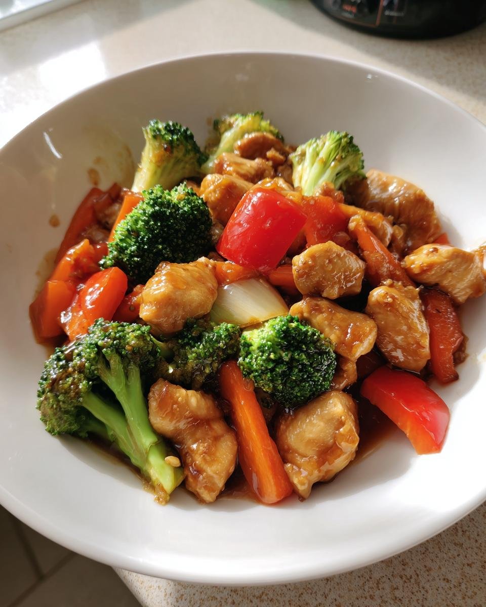 A white bowl filled with glossy chicken and vegetable stir-fry, featuring broccoli, red peppers, and carrots, part of What To Eat This Week 10 8.