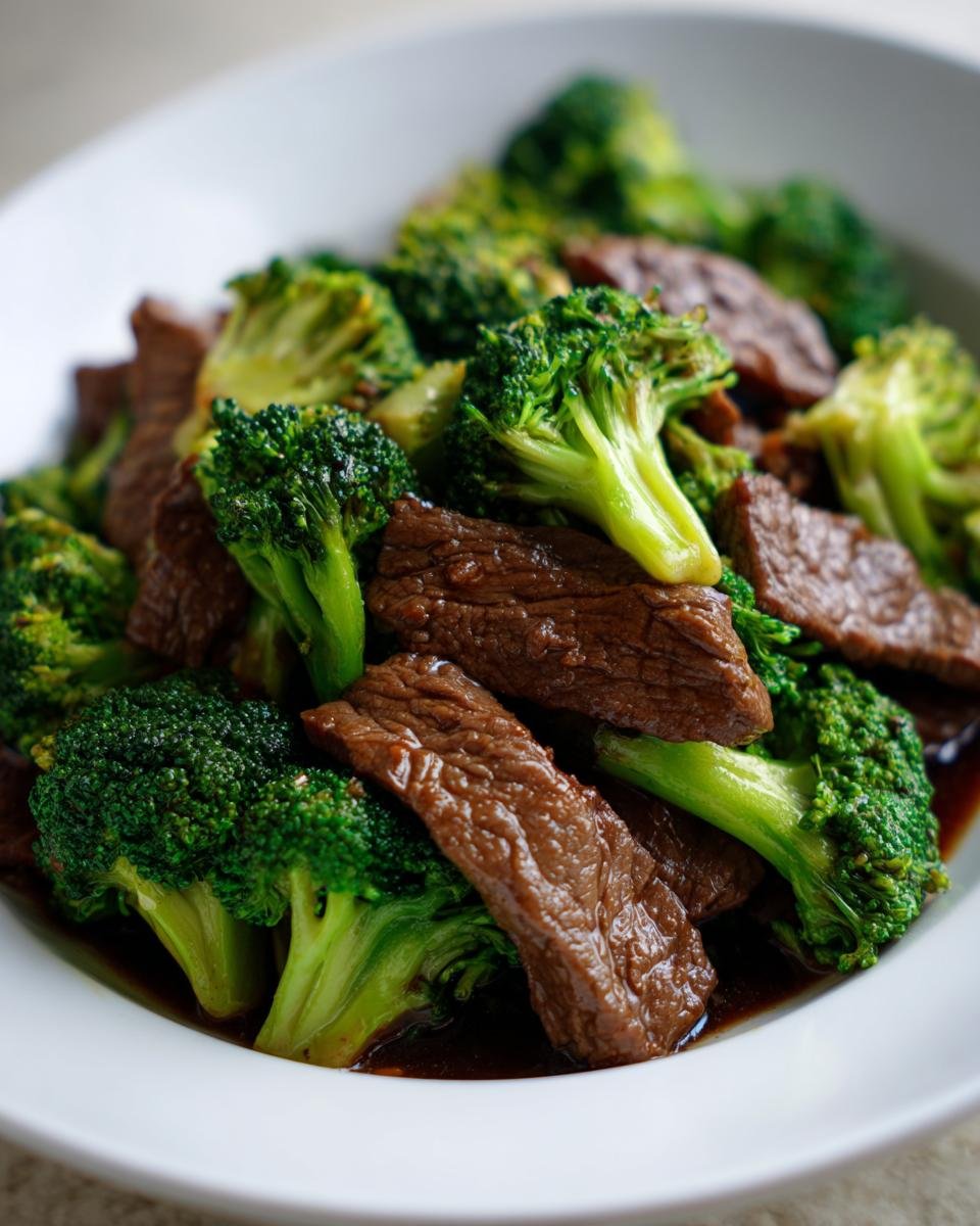 Close-up of tender slices of beef mixed with bright green broccoli florets in a savory sauce, classic Chinese Beef And Broccoli.