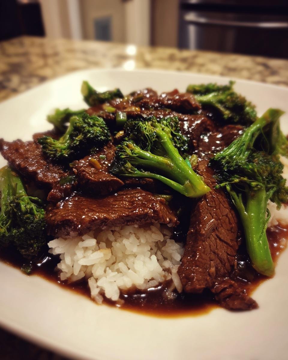 A close-up of Chinese Beef And Broccoli served over white rice, coated in a rich brown sauce.