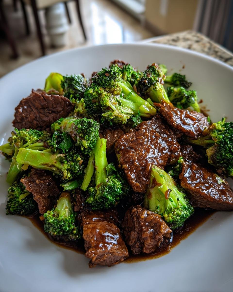 Close-up of tender slices of Chinese Beef And Broccoli coated in a rich brown sauce, served on a white plate.