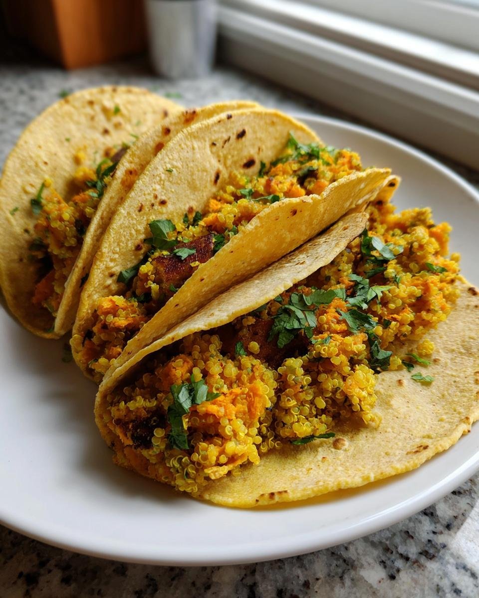 Three Chipotle Sweet Potato Quinoa Tacos filled with orange quinoa mixture and topped with cilantro on a white plate.