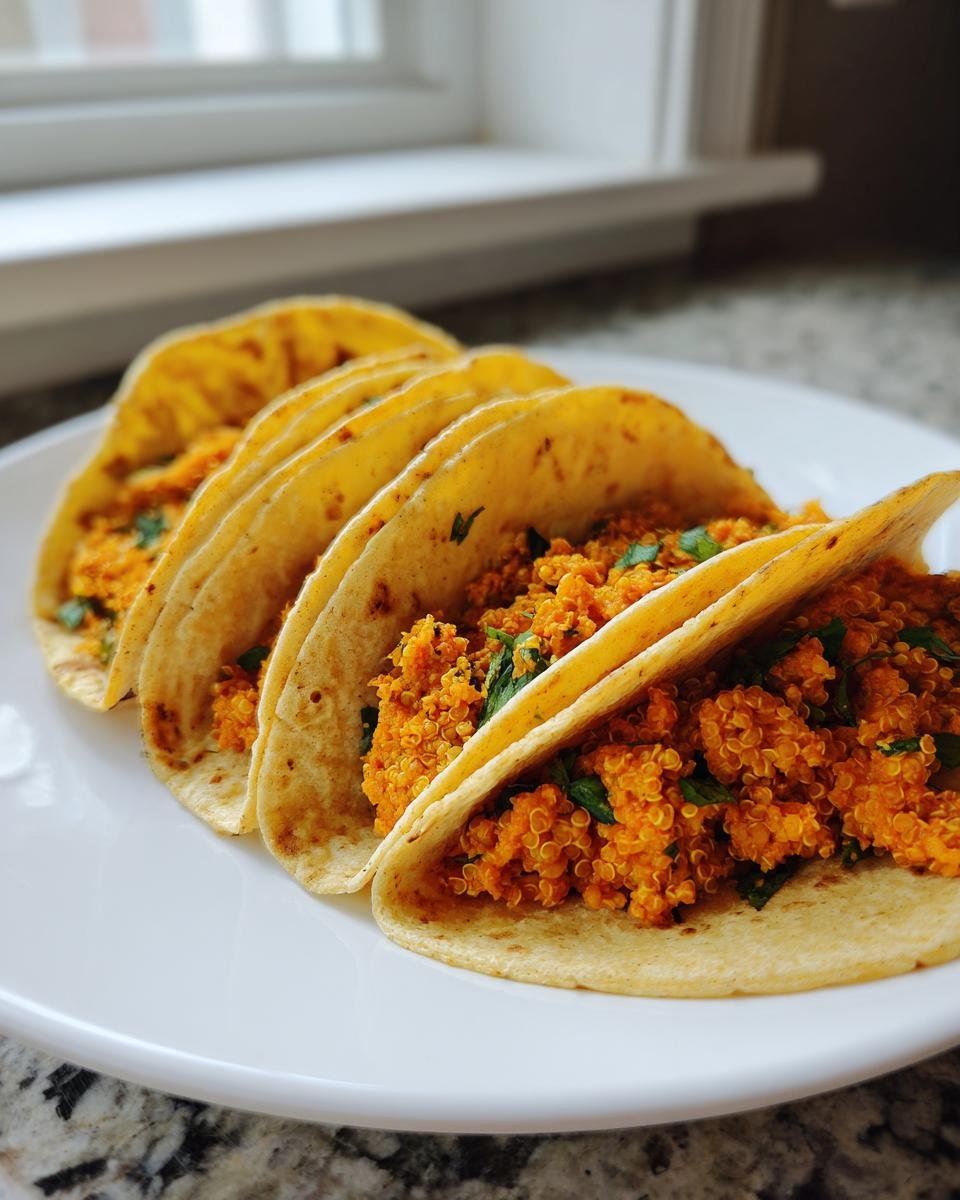 Four Chipotle Sweet Potato Quinoa Tacos lined up on a white plate, filled with orange quinoa mixture and cilantro.