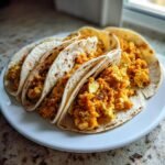 Four soft tortillas filled with bright orange Chipotle Sweet Potato Quinoa Tacos mixture served on a white plate.