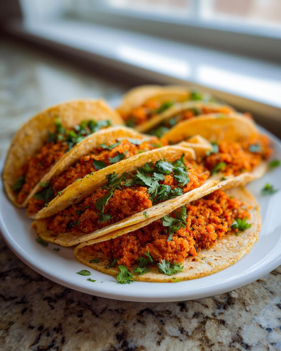 A plate holding several Chipotle Sweet Potato Quinoa Tacos filled with orange quinoa mixture and topped with fresh cilantro.