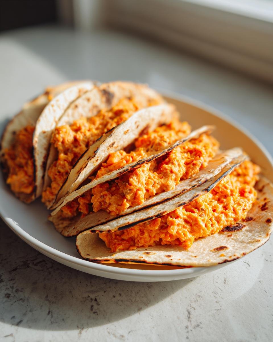 Close-up of several Chipotle Sweet Potato Quinoa Tacos with bright orange filling served on a white plate.