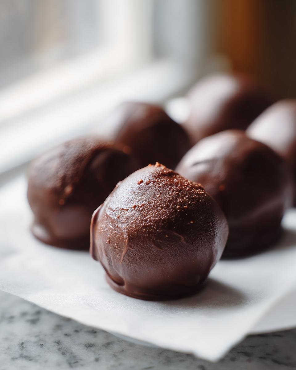 Close-up of several decadent, chocolate-coated Butterfinger Balls resting on white parchment paper.