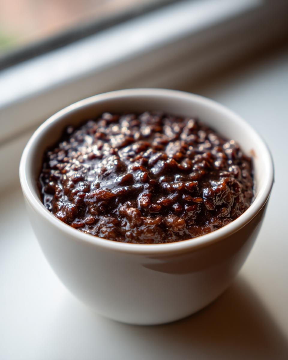 A close-up of rich, dark Chocolate Rice Pudding served in a small white bowl near a window.