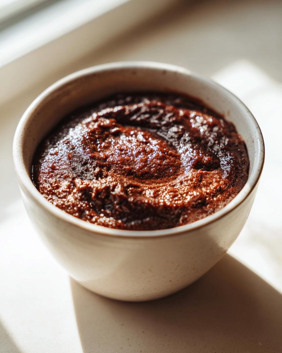 A close-up of thick, rich Chocolate Rice Pudding served in a small, light-colored ceramic bowl.