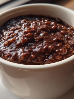 Close-up of thick, dark Chocolate Rice Pudding served hot in a white ceramic mug.