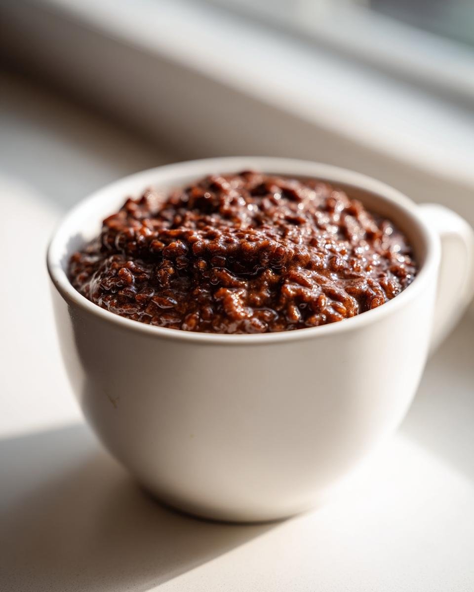 Close-up of a serving of rich, dark Chocolate Rice Pudding filling a white mug, brightly lit by sunlight.