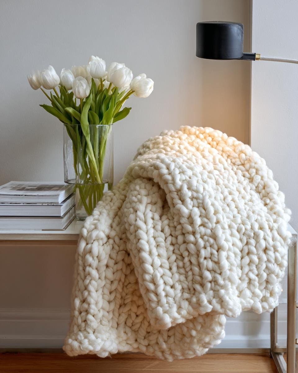 A chunky knit cream throw blanket draped next to white tulips, illustrating tips for creating livable luxury in your apartment.