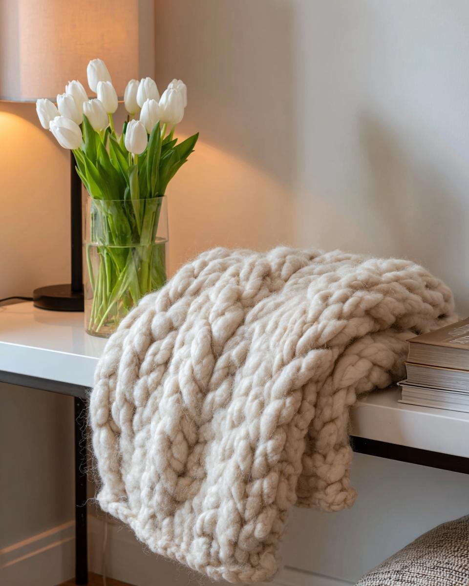 A cozy, chunky knit cream throw blanket draped over a console table next to white tulips, illustrating livable luxury.