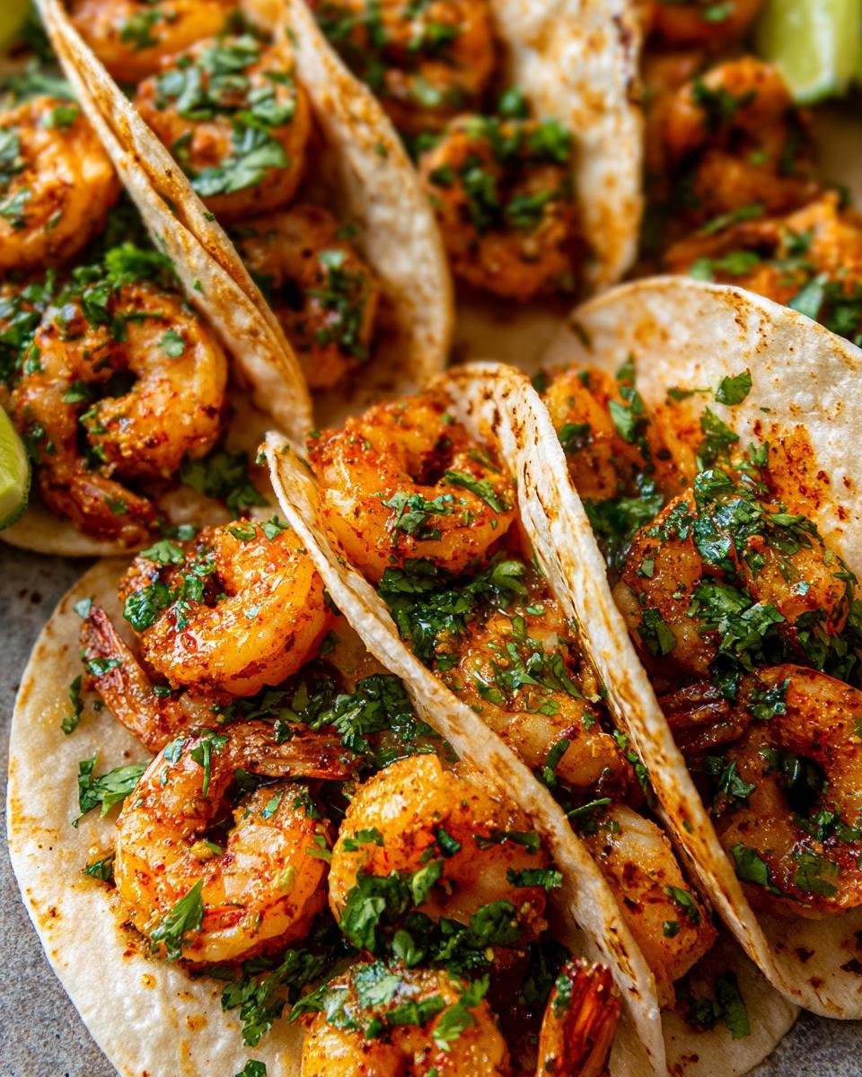 Close-up of several soft tortillas filled with seasoned shrimp and topped with fresh cilantro for Cilantro Lime Shrimp Tacos.
