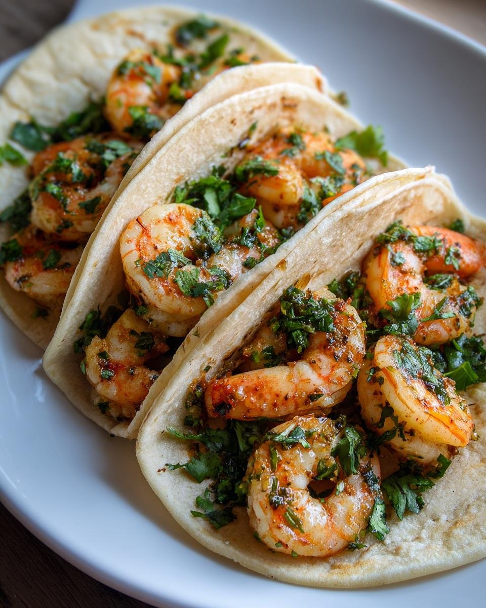 Three soft tortillas filled with seasoned shrimp and fresh cilantro for Cilantro Lime Shrimp Tacos.