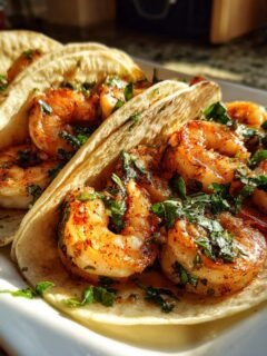 Three soft tortillas filled with seasoned, grilled shrimp and fresh cilantro, ready to eat Cilantro Lime Shrimp Tacos.