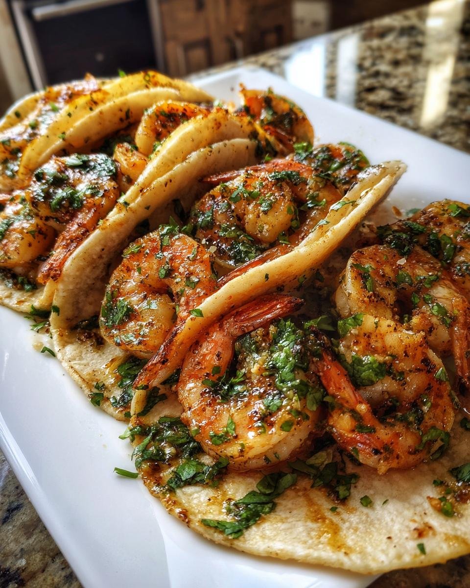 Close-up of several Cilantro Lime Shrimp Tacos filled with perfectly seasoned, bright orange shrimp and fresh cilantro.