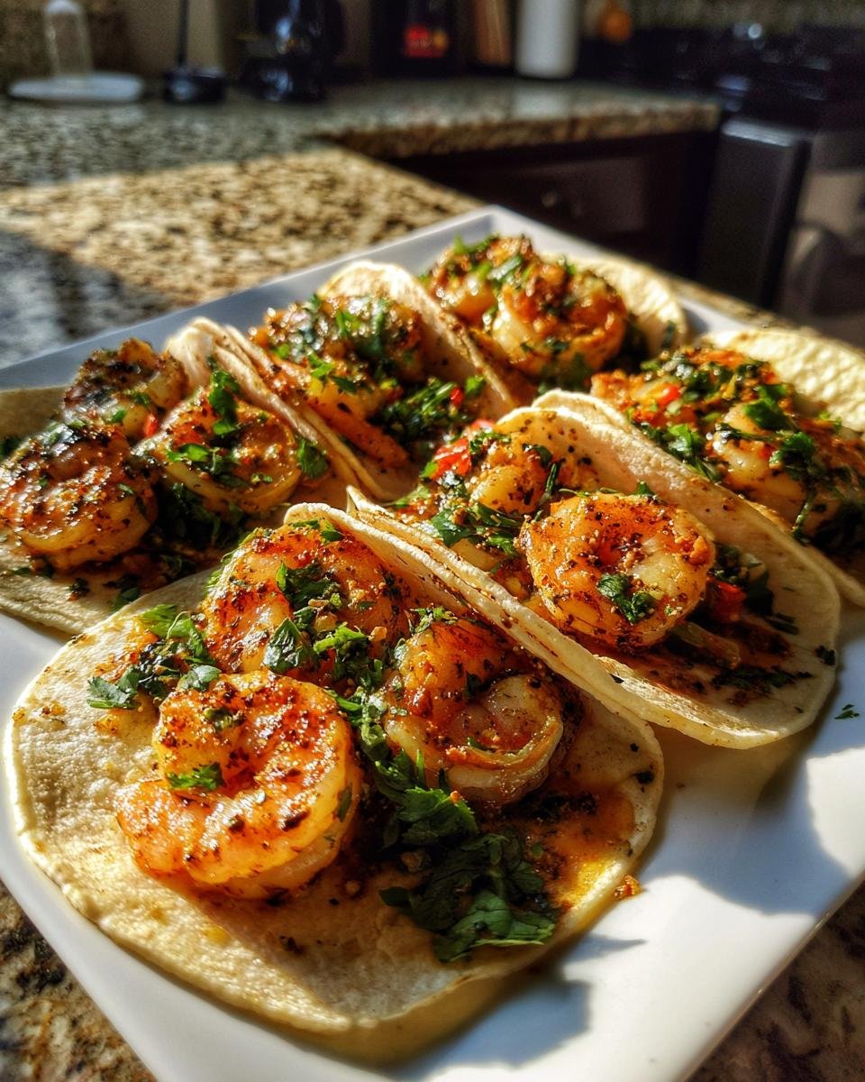 A white platter filled with several delicious Cilantro Lime Shrimp Tacos topped with seasoned shrimp and fresh cilantro.
