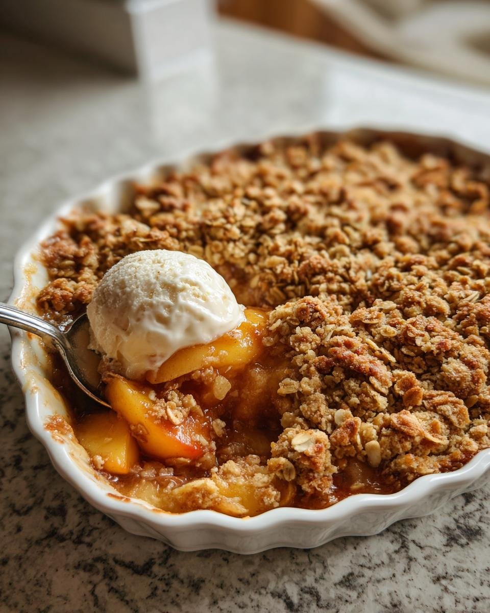 A spoonful of warm Cinnamon Peach Crumble topped with melting vanilla ice cream in a white baking dish.