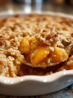 A close-up of a spoonful of warm Cinnamon Peach Crumble being lifted from a white baking dish.