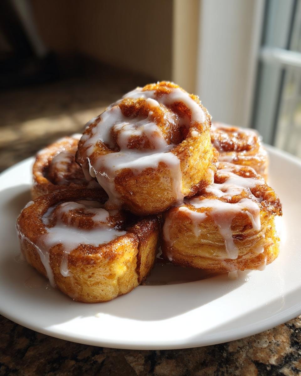 A stack of golden brown Cinnamon Roll French Toast Bites drizzled generously with white icing.