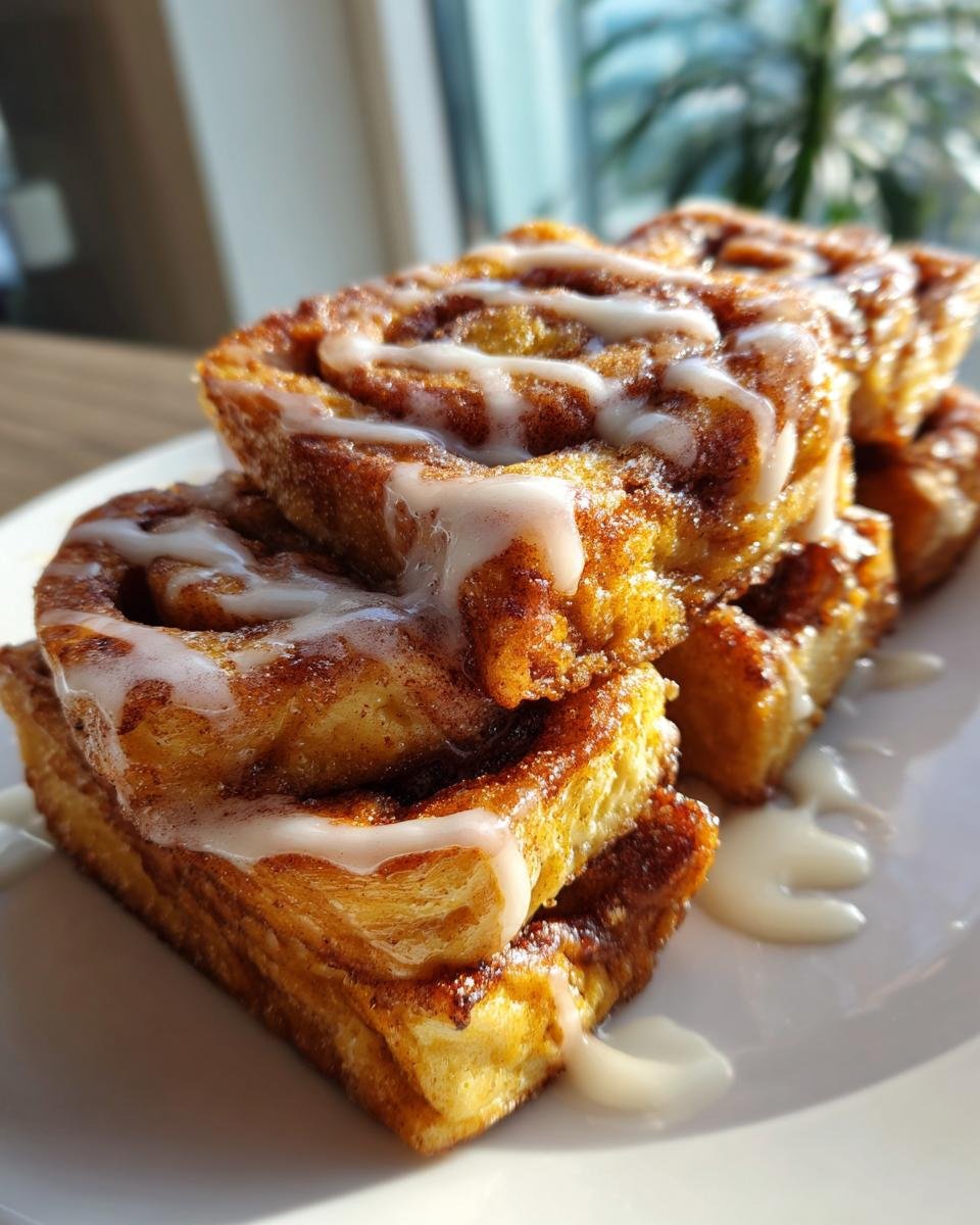 Close-up of stacked Cinnamon Roll French Toast Bites drizzled generously with white icing.