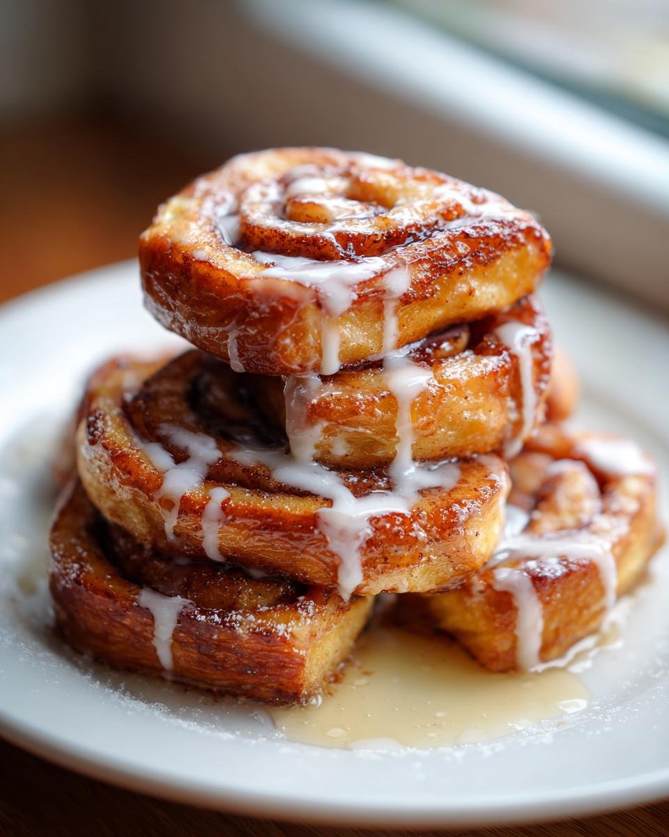 A close-up stack of four glistening Cinnamon Roll French Toast Bites drizzled with white icing.