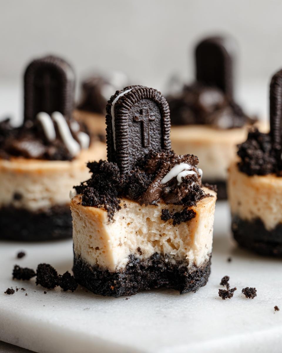 Close-up of a Classic Halloween Graveyard Cheesecake Bite with a bite taken out, showing creamy filling and cookie dirt.