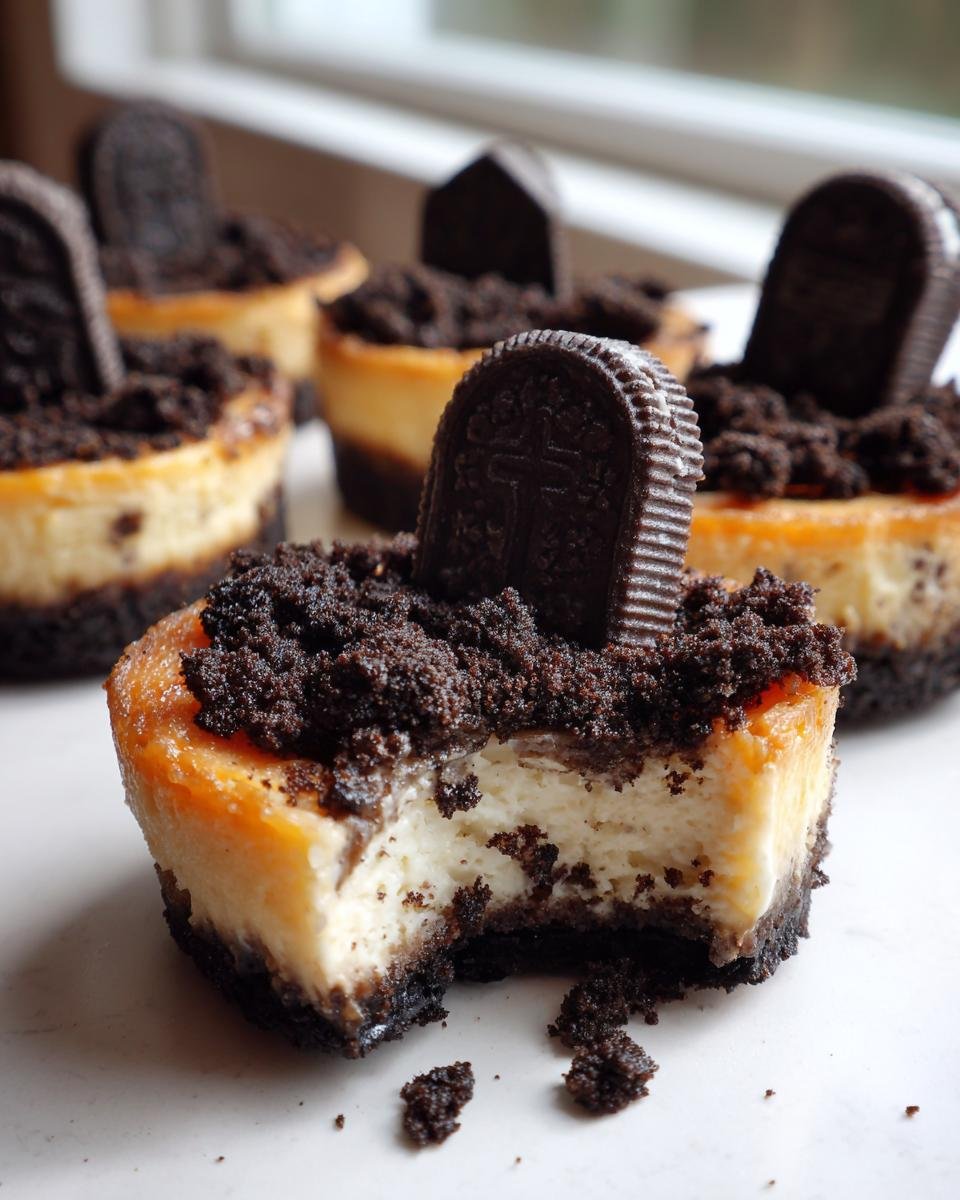 Close-up of a Classic Halloween Graveyard Cheesecake Bite with a bite taken out, showing creamy filling and cookie 'dirt'.