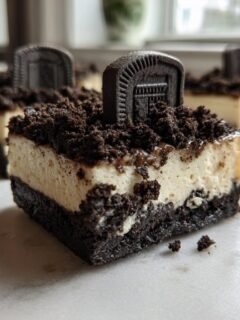 A close-up of a Classic Halloween Graveyard Cheesecake Bite showing the dark cookie crust, creamy filling, and cookie crumb topping with a small cookie tombstone.