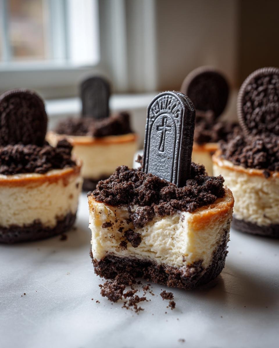 Close-up of Classic Halloween Graveyard Cheesecake Bites, one with a bite taken out, topped with cookie 'dirt' and a chocolate tombstone.