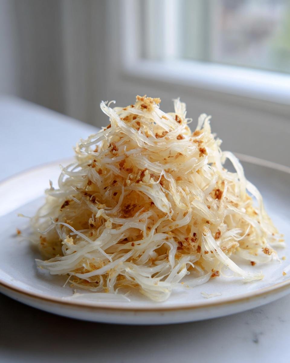 A serving of cooked Enoki Mushrooms, white and stringy, topped with crispy brown bits, presented on a white plate.