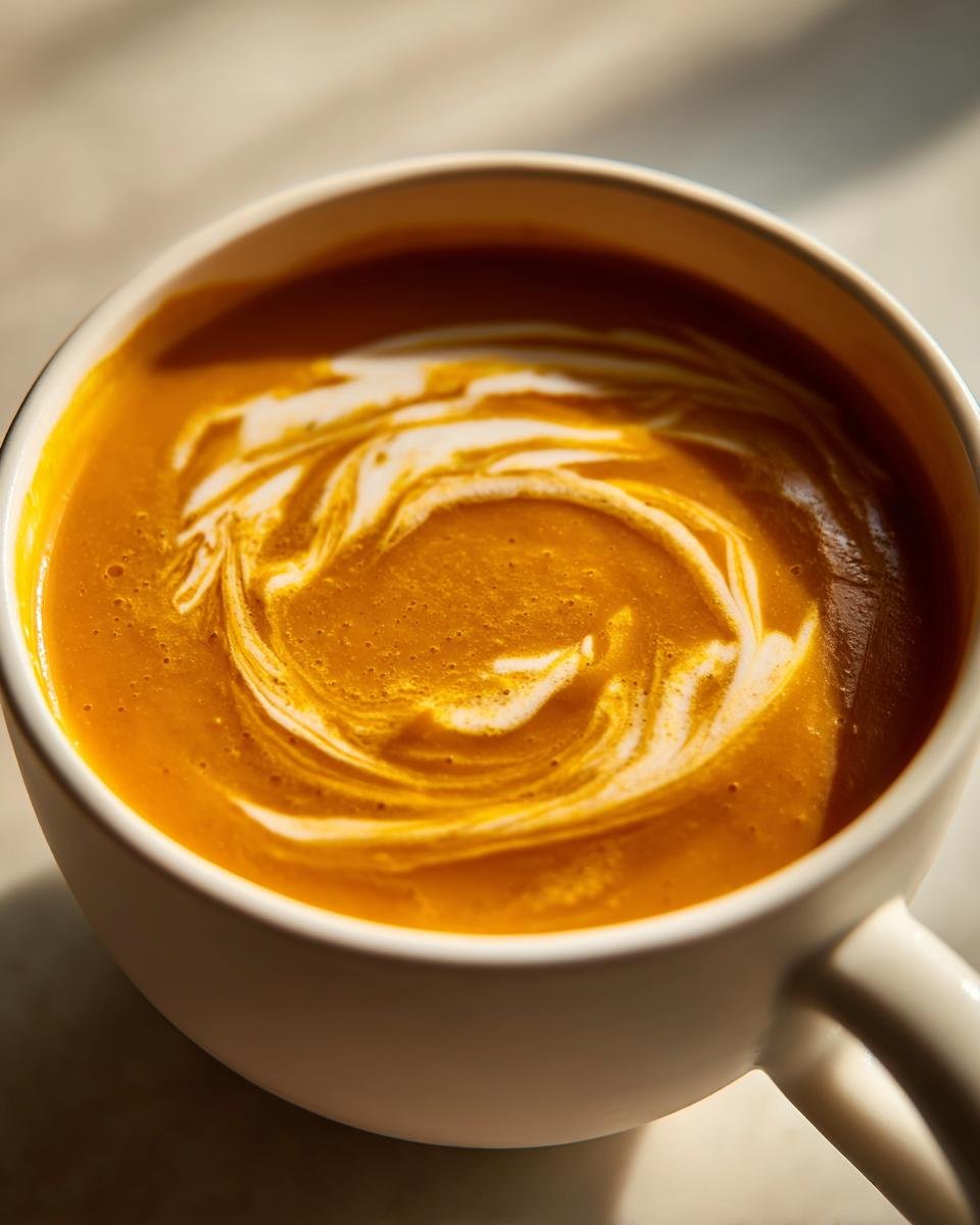Close-up of creamy orange soup topped with a swirl of white cream, perfect for 30 Best Warm Cozy Fall Recipes.