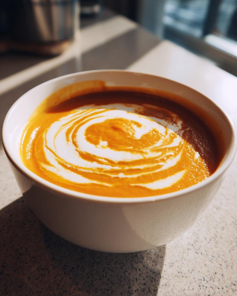 Close-up of a bowl of vibrant orange soup topped with a decorative swirl of white cream, perfect for 30 Best Warm Cozy Fall Recipes.