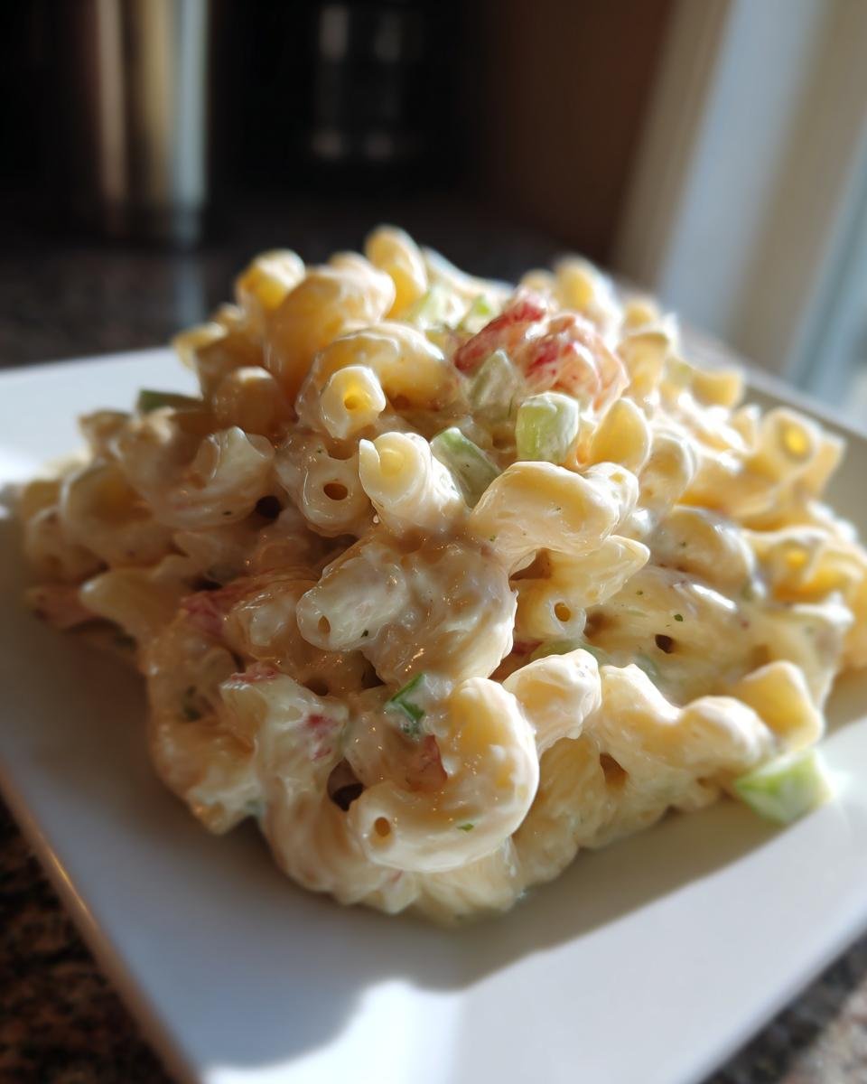 Close-up of a scoop of creamy Easy Macaroni Salad featuring elbow macaroni, celery, and red pepper pieces.